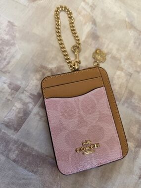 Coach Pink & Tan Leather Card Holder with Gold Chain Charm